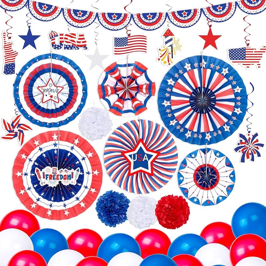 4th of july decorations amazon Bulan 1 PCS th/Fourth of July Decorations Set - Includes Patriotic Paper  Fans,Pom Poms,Banner,Hang Swirls,Balloons - Red White Blue Memorial Day  Party