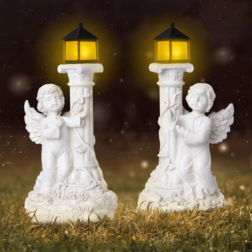 angel decorations for home Bulan 2 Angel Statues with Solar Lights, Outdoor Solar Angel Garden Statue with  Roma Pillar, Resin Angel Ornament for Garden Decor Yard Wedding Home Decor