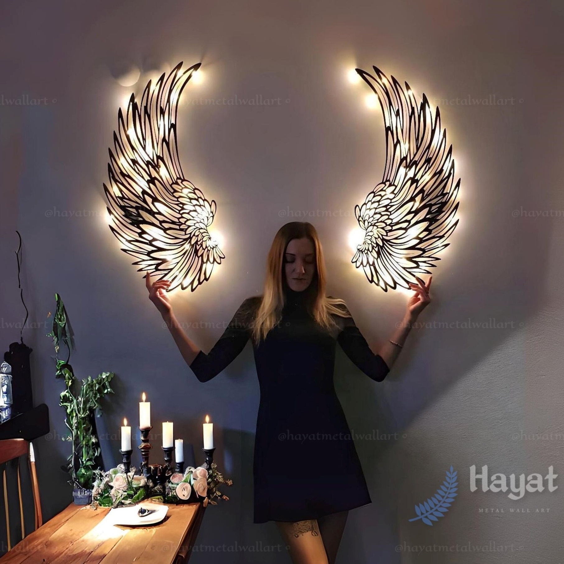 angel wing decor Bulan 2 Angel Wings Metal Wall Art With Led Lights, Large Angel Wings