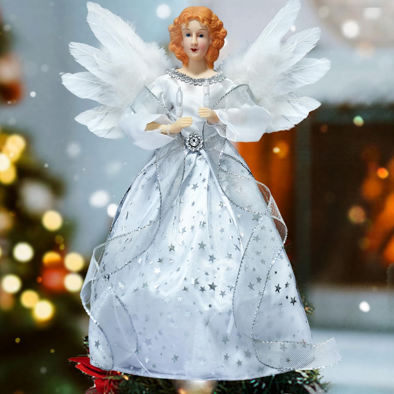 angel decorations for home Bulan 2 Christmas Angel Tree Topper w/White Feather Wings, Plug in Xmas Angel  Treetop Star Ornament with-Led Light Ivory for Home Holiday Party  Christmas