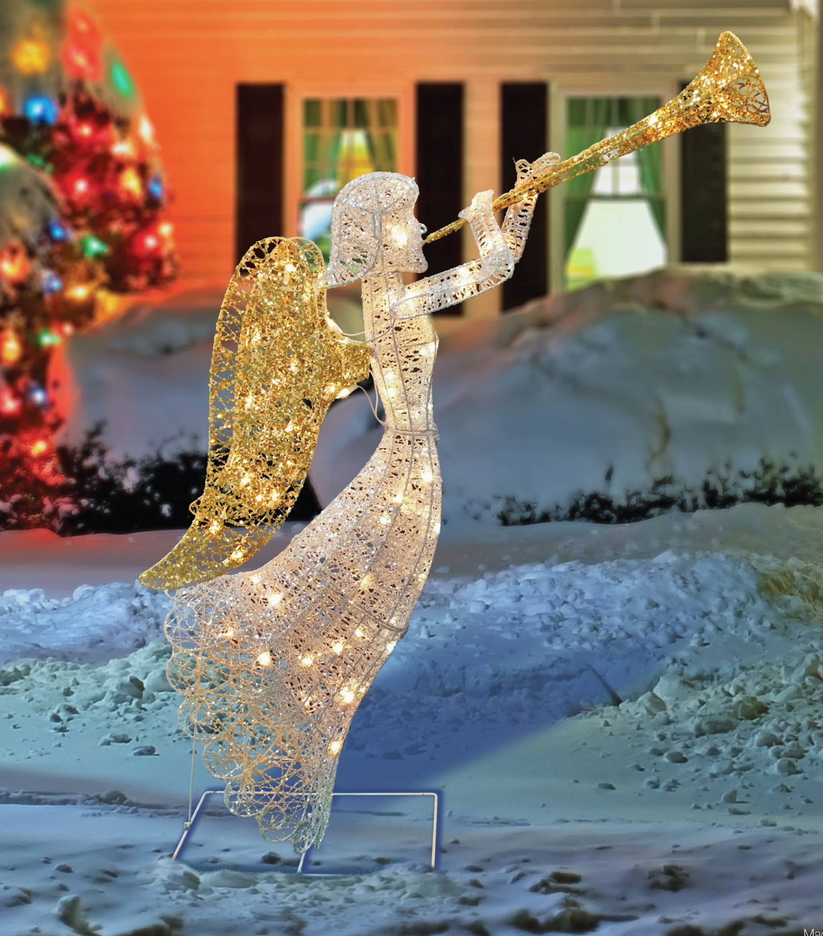 angel lawn decoration christmas Bulan 2 Northlight " Lighted Glittered Silver and Gold Trumpeting Angel