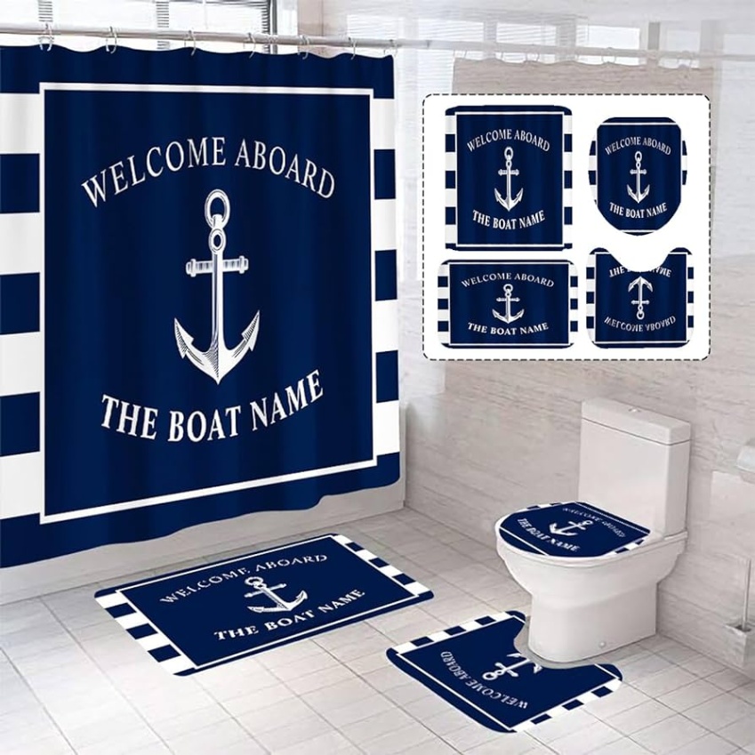 anchor bathroom decor Bulan 2 Pcs Navy Blue Anchor Shower Curtain Set with Non-Slip Rugs and Toilet Lid  Cover Navy Strip Nautical Theme Fabric Shower Curtain Bathroom Decor with