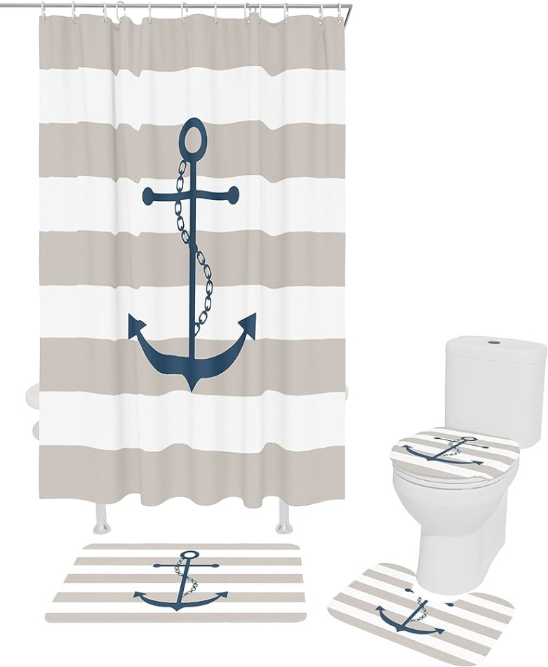 anchor bathroom decor Bulan 2 PCS Shower Curtain Set, Marine Nautical Anchor Bathroom Set, Bathroom  Accessories Bathroom Decor Sets with Bath Mat Toilet Lid Cover and Shower