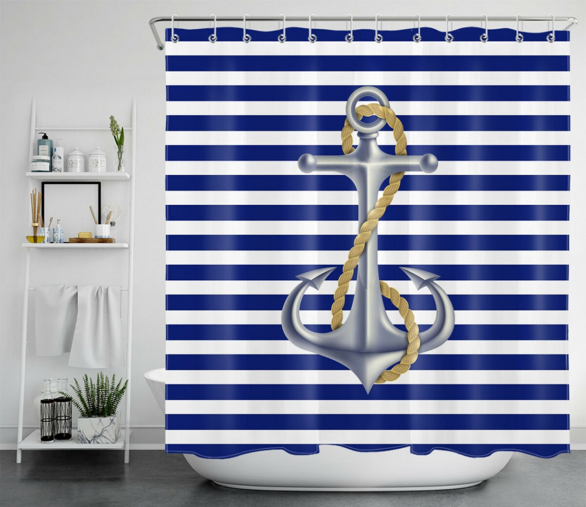 anchor bathroom decor Bulan 2 White Blue Navy Stripes Nautical Theme Anchor Shower Curtain Set Bathroom  Decor