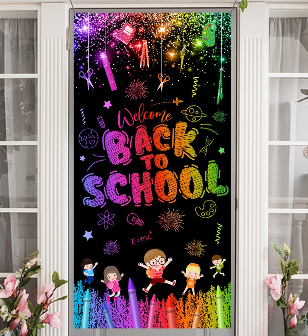 back to school decor Bulan 3 Back to School Banner Door Cover-Welcome Back to School Decoration First  Day of School Photo Background for Preschool Classroom Kindergarten(Black)