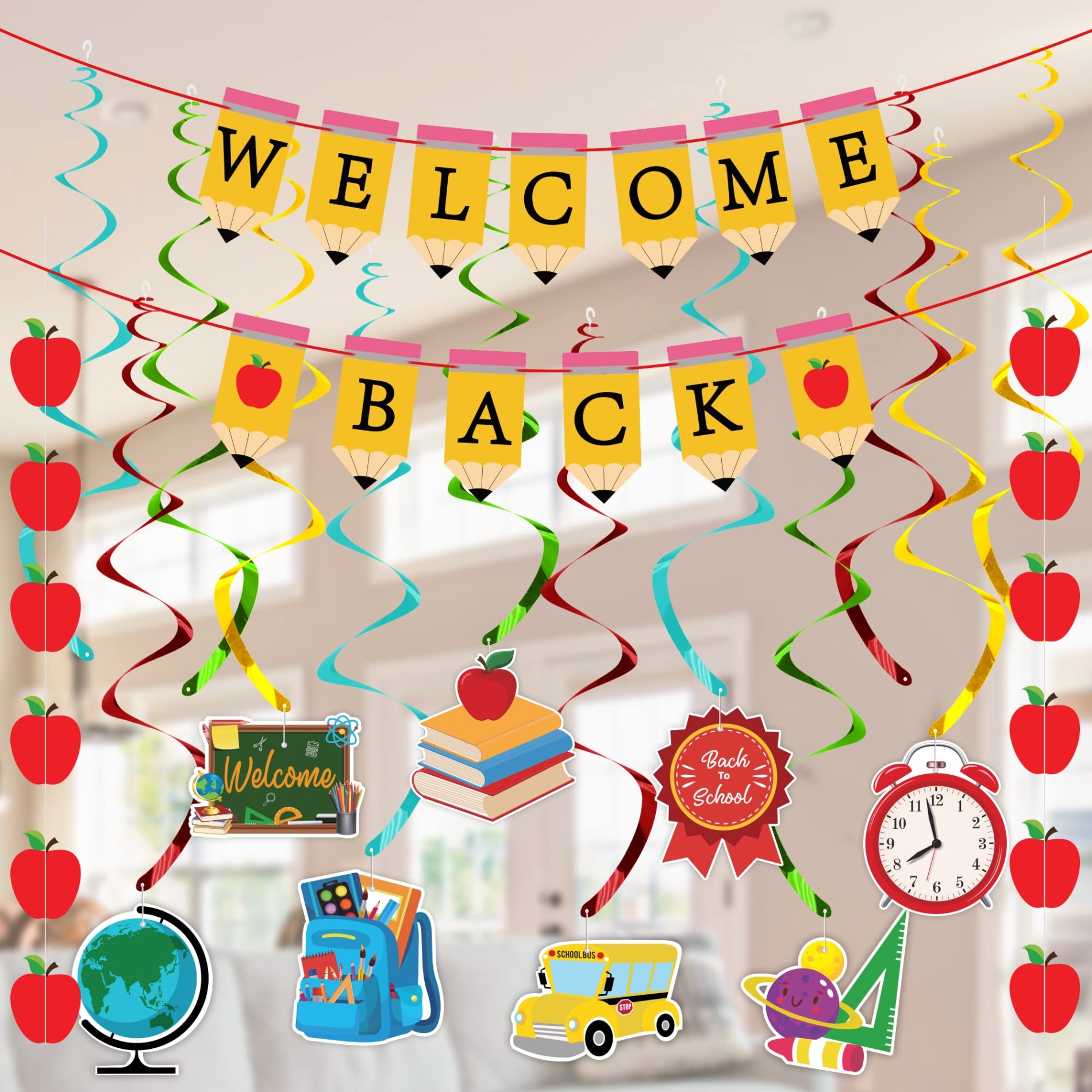 back to school decor Bulan 3 Back to School Party Decorations Supplies - NO DIY- Welcome Back Pencil  Banners Apple Garland Banners- Back to School Hanging Swirls for First Day  of