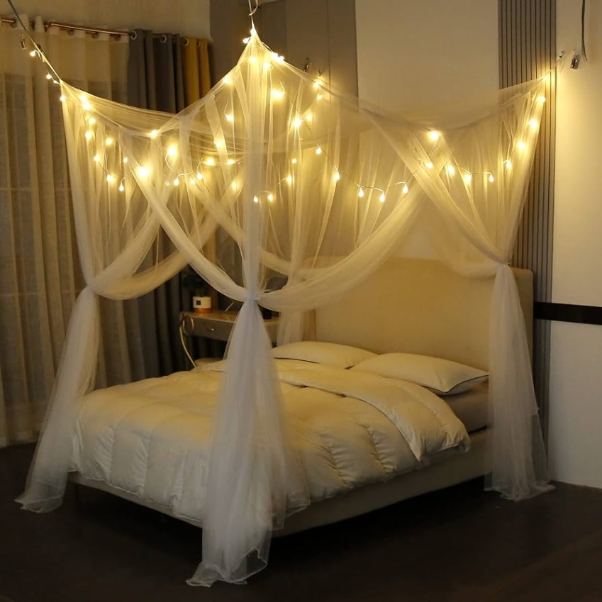 bed decoration with lights Bulan 4 Mengersi Bed Canopy with Lights for Full Queen King Size Bed, Corner Post  Bed Drapes Canopy for Bed,Canopy Bed Curtains Elegant Bedroom Decoration