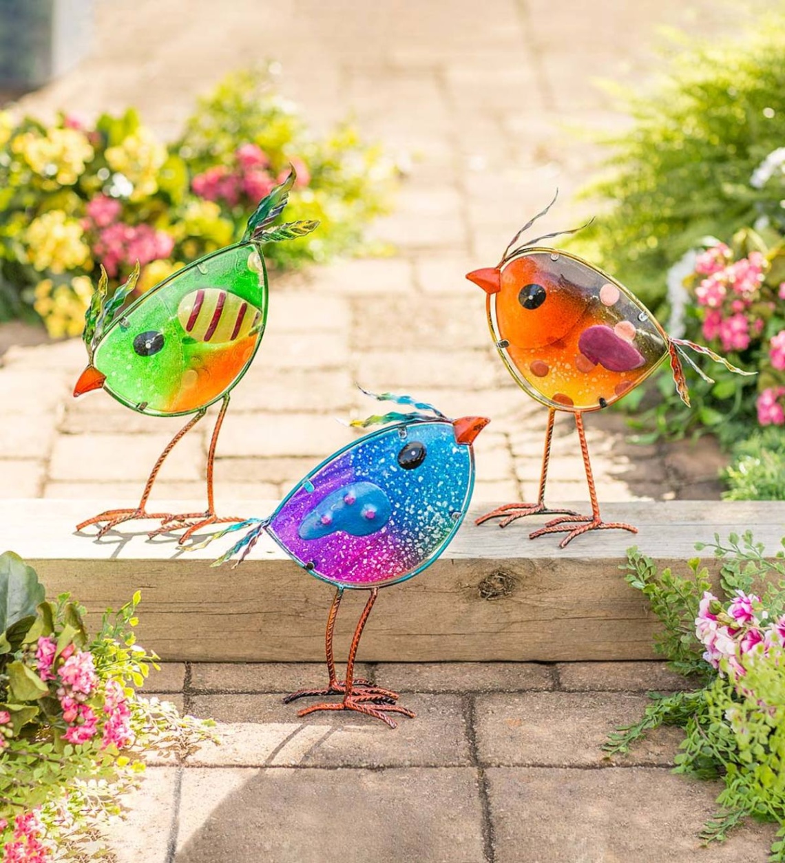bird garden decorations Bulan 5 Indoor/Outdoor Metal and Colorful Iridescent Glass Bird Statues