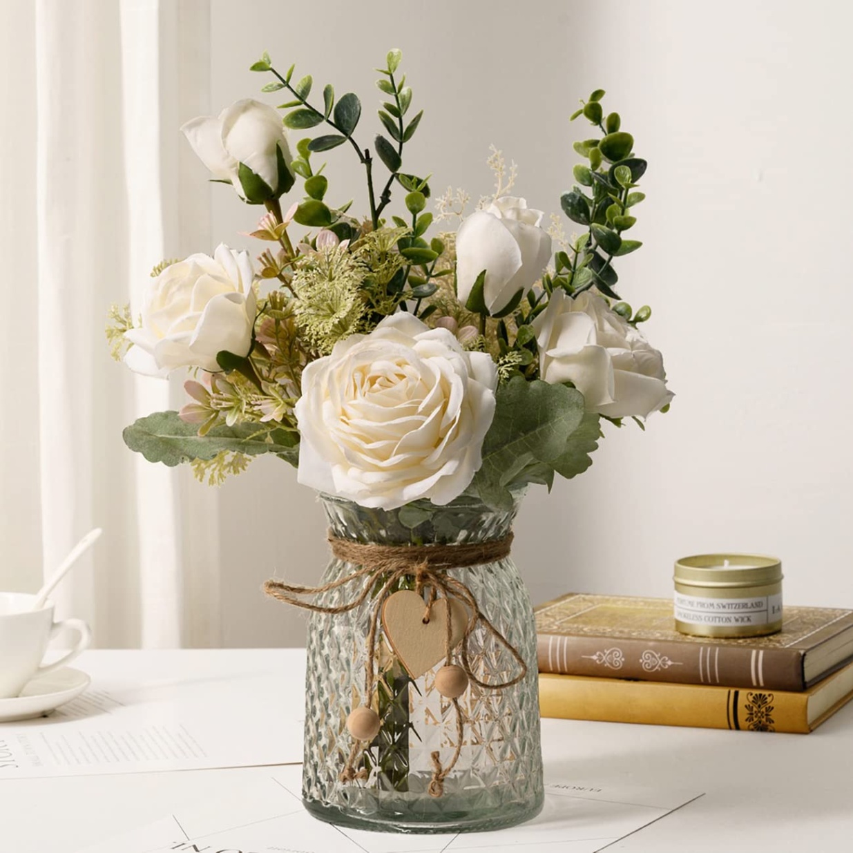artificial flower decoration Niche Utama Home Fake Flowers with Vase, Silk Roses Artificial Flowers in Vase, Faux Flower  Arrangement with Vase Suitable for Home Office Decoration, Dining Table